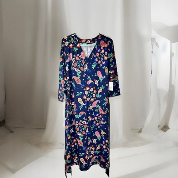 1X Croft & Barrow Beautiful Colorful Navy W Bright Flowers Midi Shirt Dress - Picture 2 of 10